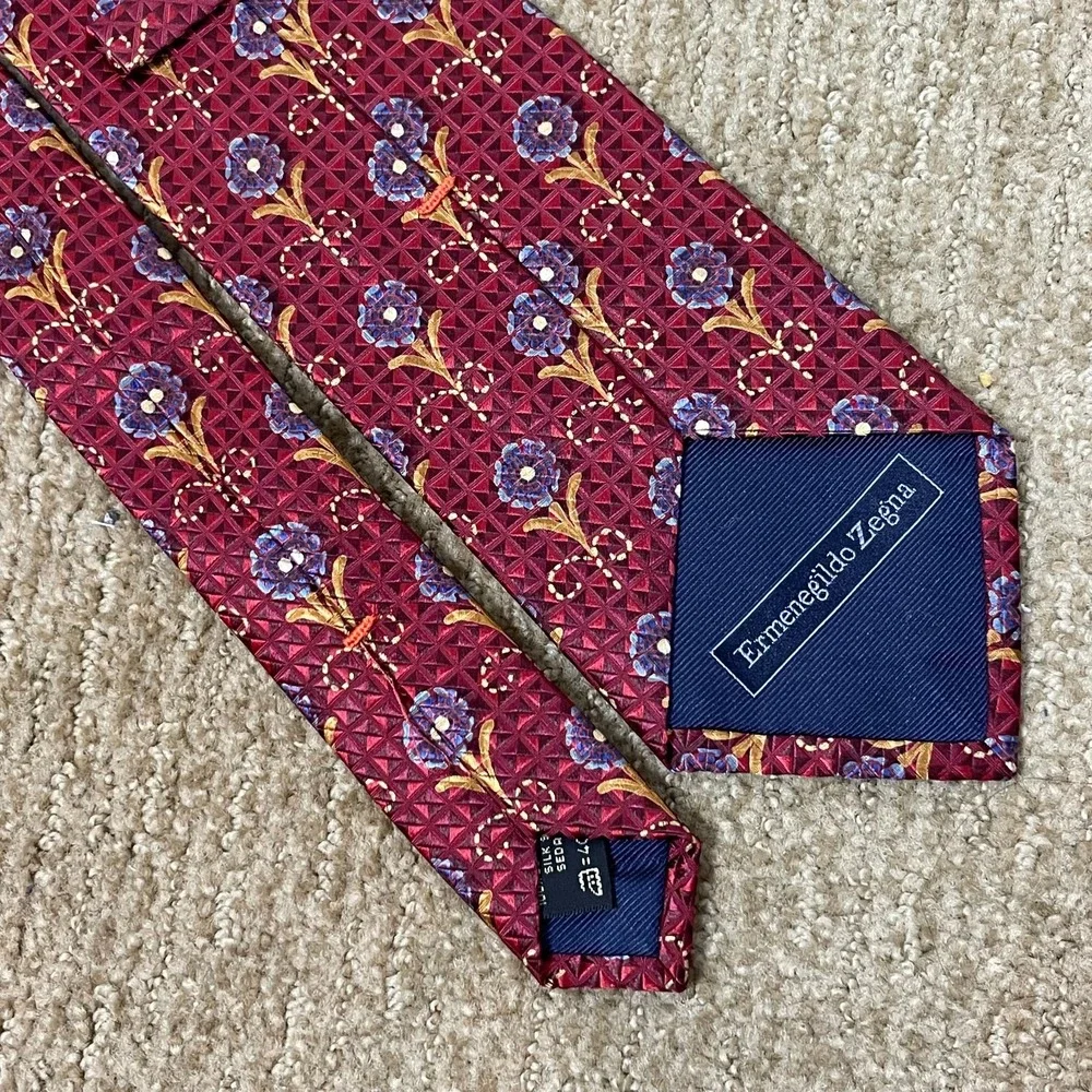 ERMENEGILDO ZEGNA 100% Silk‎ Necktie Luxury Red Blue Geometric Floral ITALY